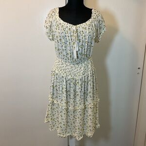 Justily Cream Green Floral Smocked Midi Sundress 1X Flutter Sleeve Cottagecore